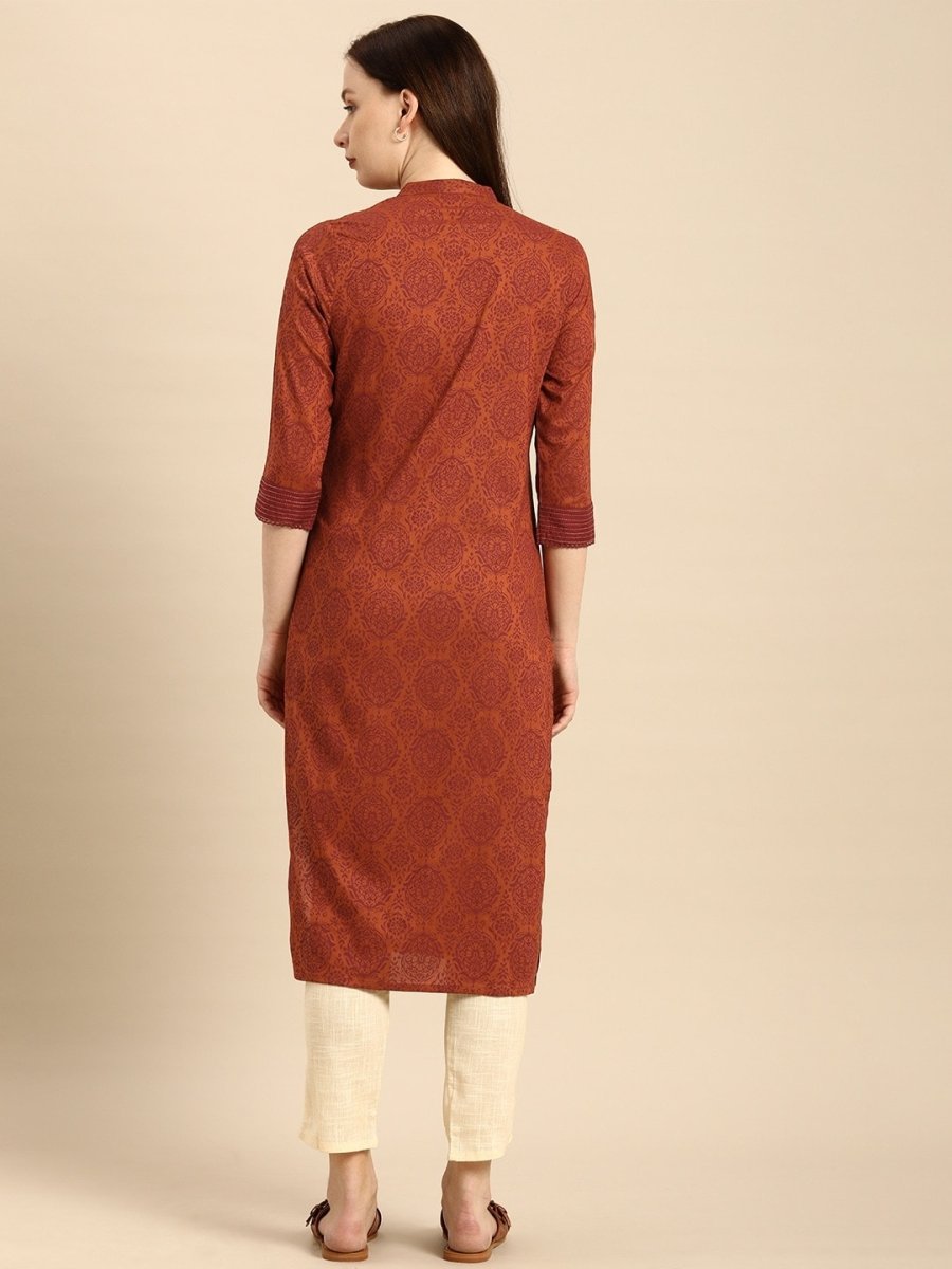 All About You Women Rust Brown Ethnic Motifs Printed Straight Kurta - Distacart