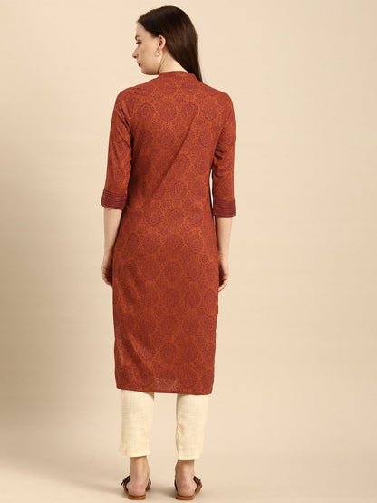 All About You Women Rust Brown Ethnic Motifs Printed Straight Kurta - Distacart