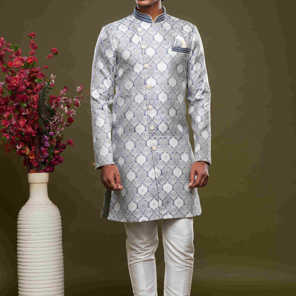 Raivat Ethnic Banarasi Jacquard Embroidery Semi Indo Western Sherwani In Grey Colour