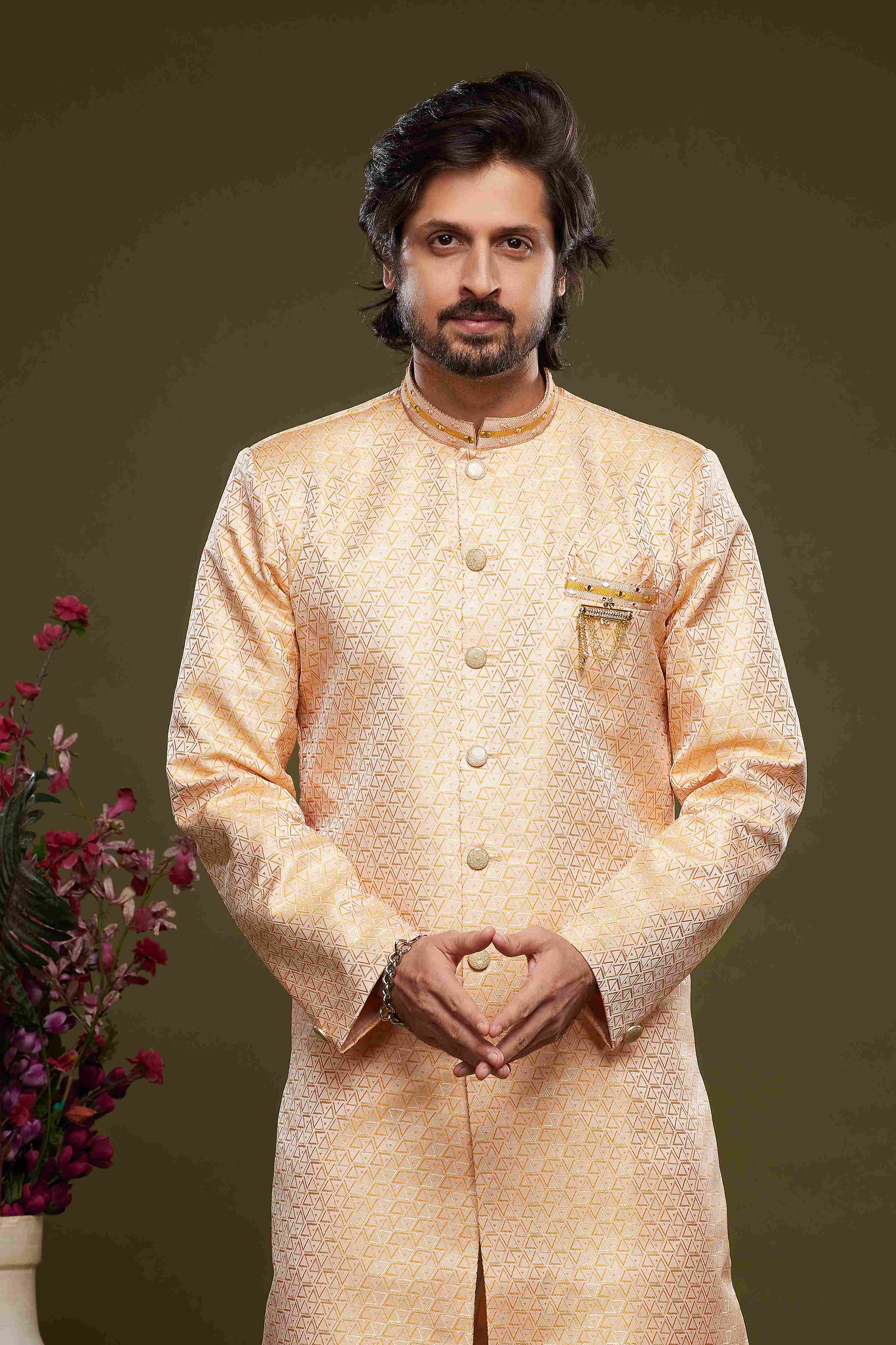 Raivat Ethnic Banarasi Jacquard Embroidery Semi Indo Western Sherwani In Orange Colour
