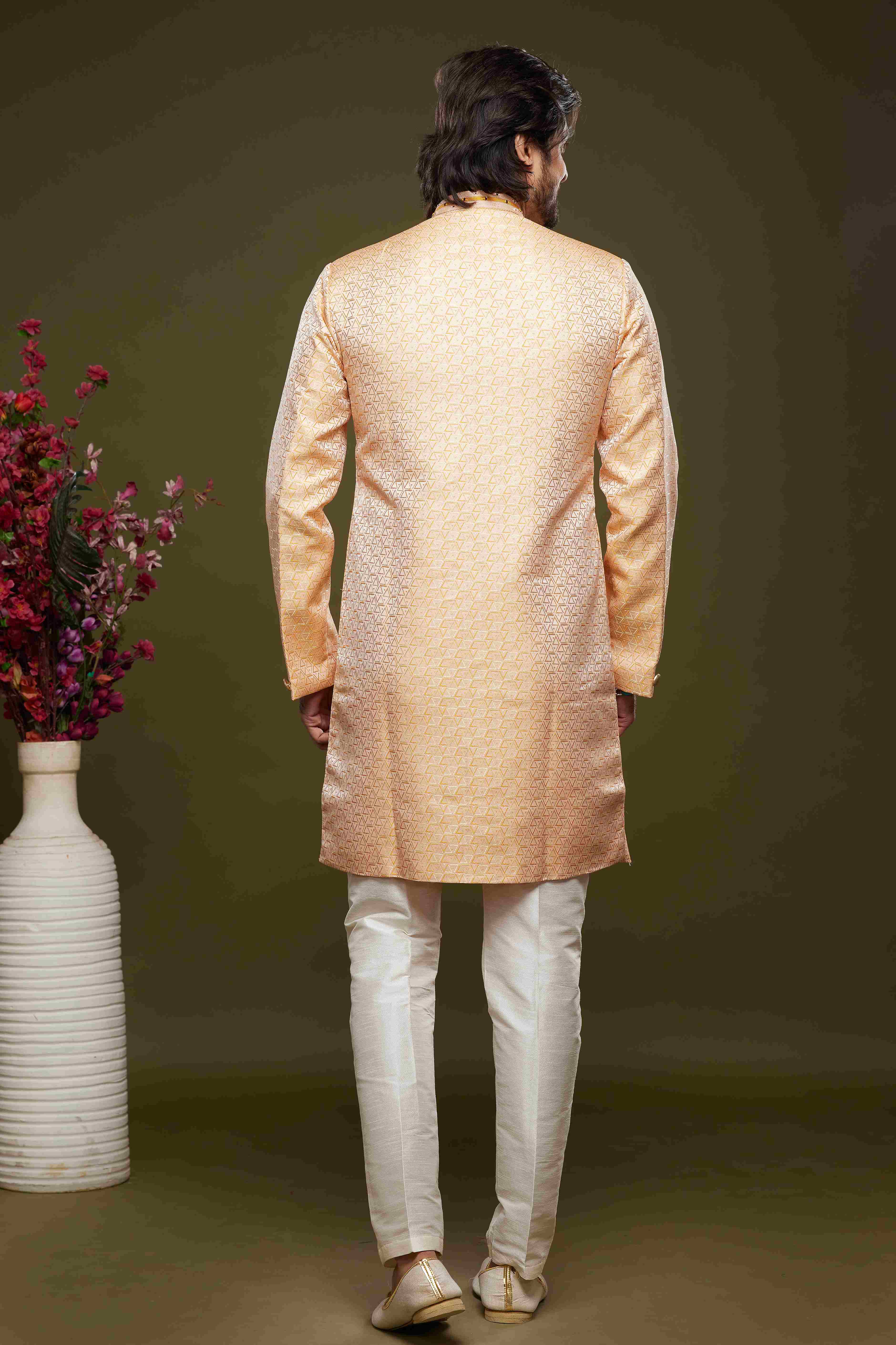 Raivat Ethnic Banarasi Jacquard Embroidery Semi Indo Western Sherwani In Orange Colour