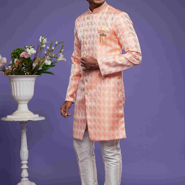Raivat Ethnic Banarasi Jacquard Embroidery Semi Indo Western Sherwani In Pink Colour