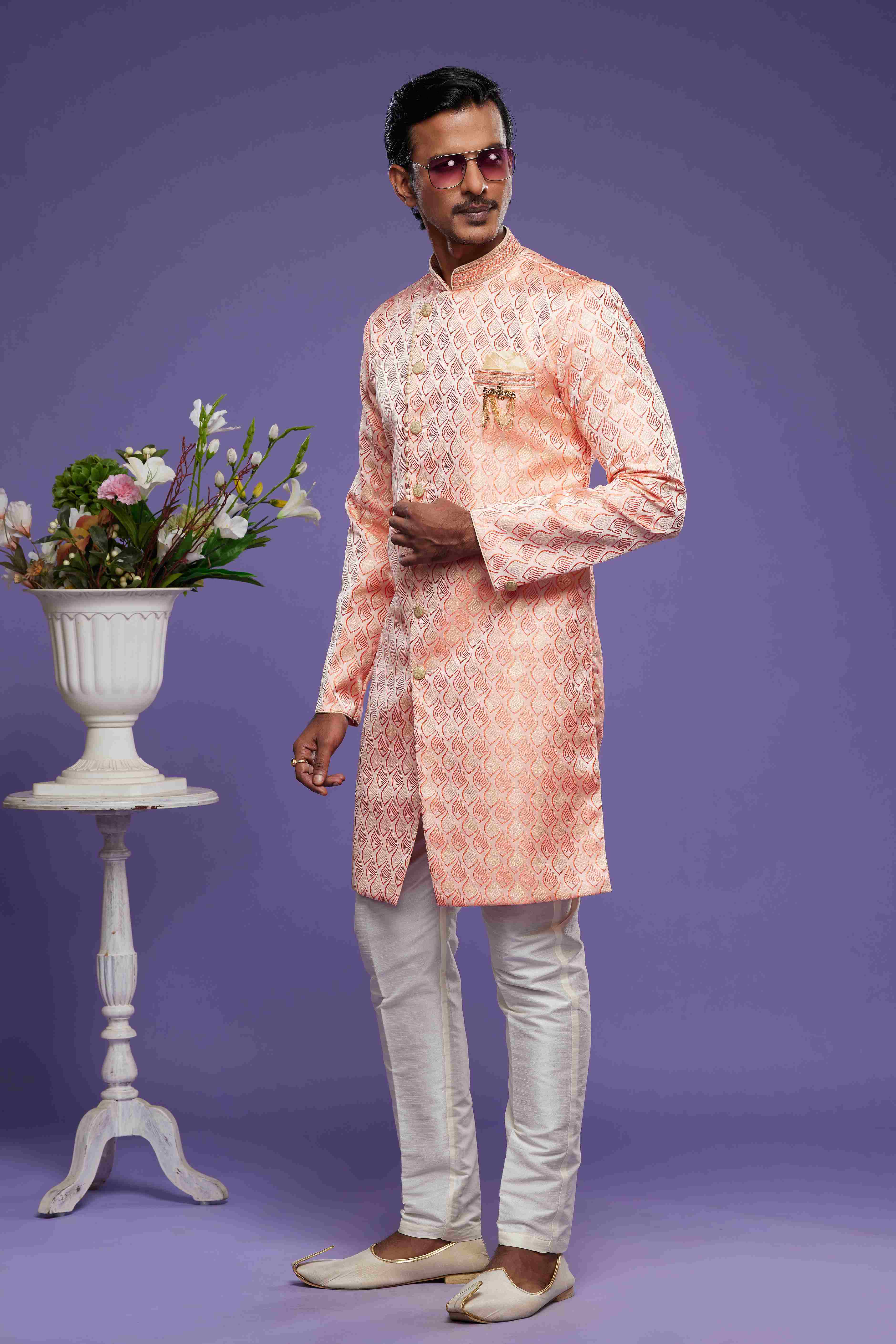 Raivat Ethnic Banarasi Jacquard Embroidery Semi Indo Western Sherwani In Pink Colour