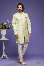 Thumbnail for Raivat Ethnic Banarasi Jacquard Embroidery Semi Indo Western Sherwani In Pista Green Colour
