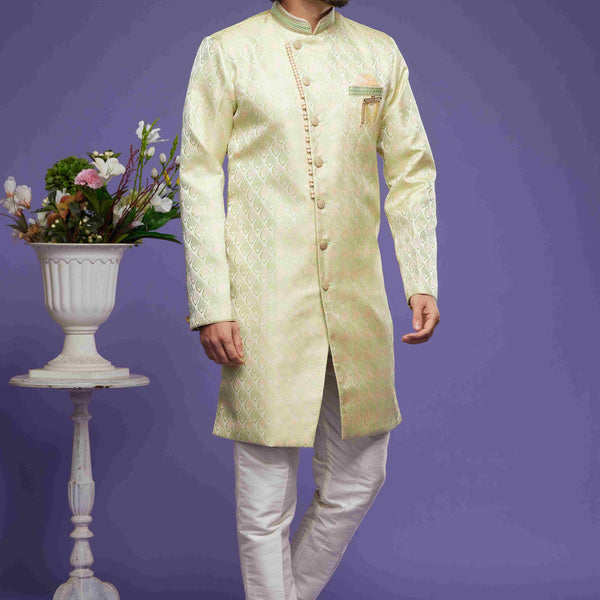 Raivat Ethnic Banarasi Jacquard Embroidery Semi Indo Western Sherwani In Pista Green Colour