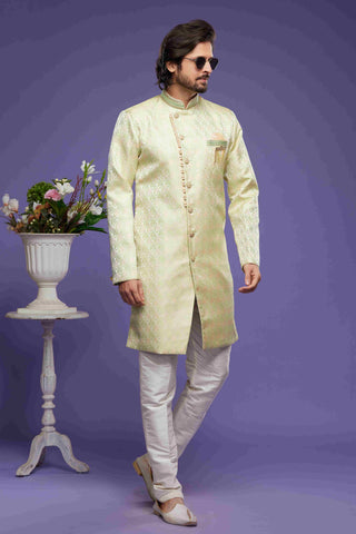 Raivat Ethnic Banarasi Jacquard Embroidery Semi Indo Western Sherwani In Pista Green Colour