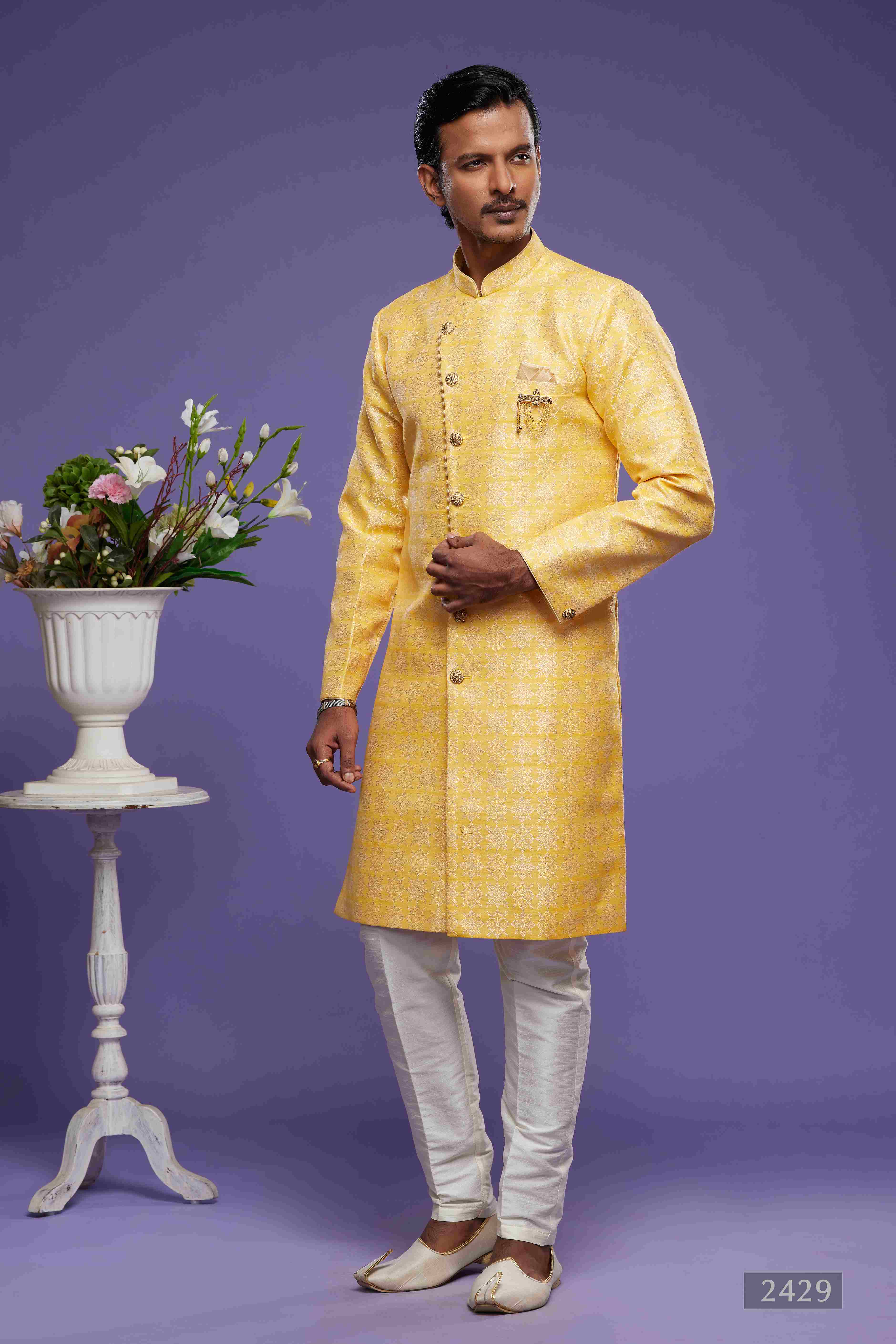 Raivat Ethnic Banarasi Jacquard Embroidery Semi Indo Western Sherwani In Yellow Colour
