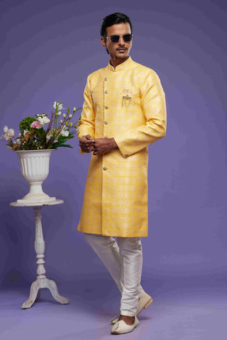 Raivat Ethnic Banarasi Jacquard Embroidery Semi Indo Western Sherwani In Yellow Colour