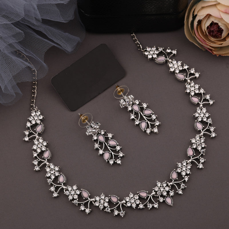 Tehzeeb Creations Silver Pleated White Diamond With Baby Pink Beads Necklace Set - Distacart
