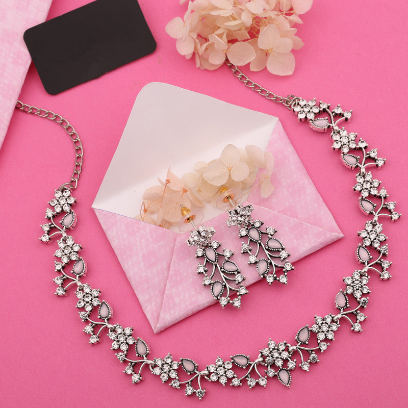 Tehzeeb Creations Silver Pleated White Diamond With Baby Pink Beads Necklace Set - Distacart