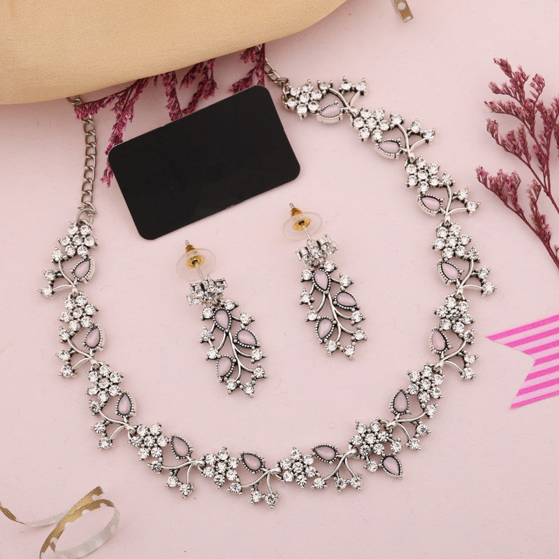 Tehzeeb Creations Silver Pleated White Diamond With Baby Pink Beads Necklace Set - Distacart