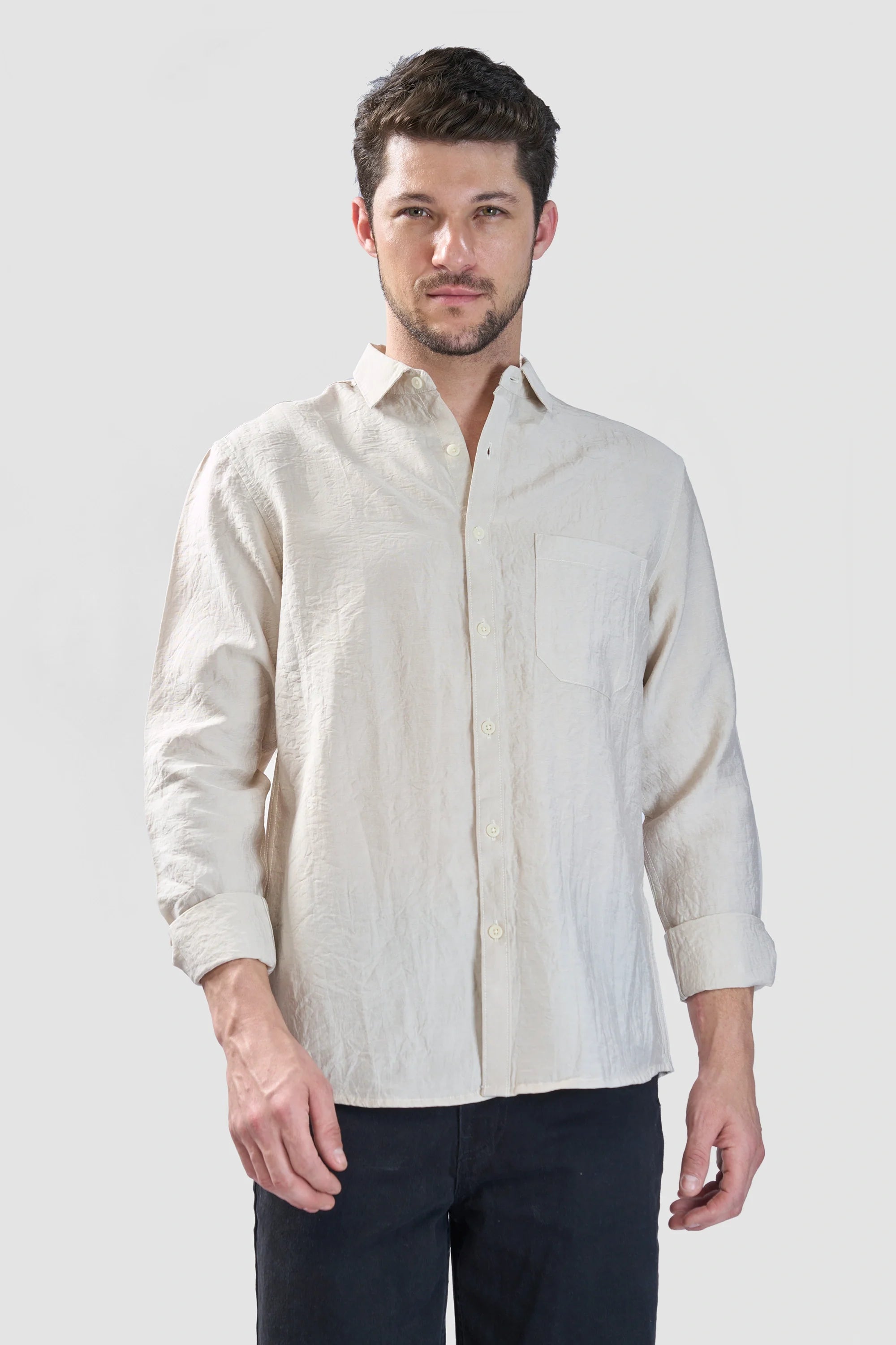 Xkind Beige Crush Wrinkled Look Regular Fit Shirt