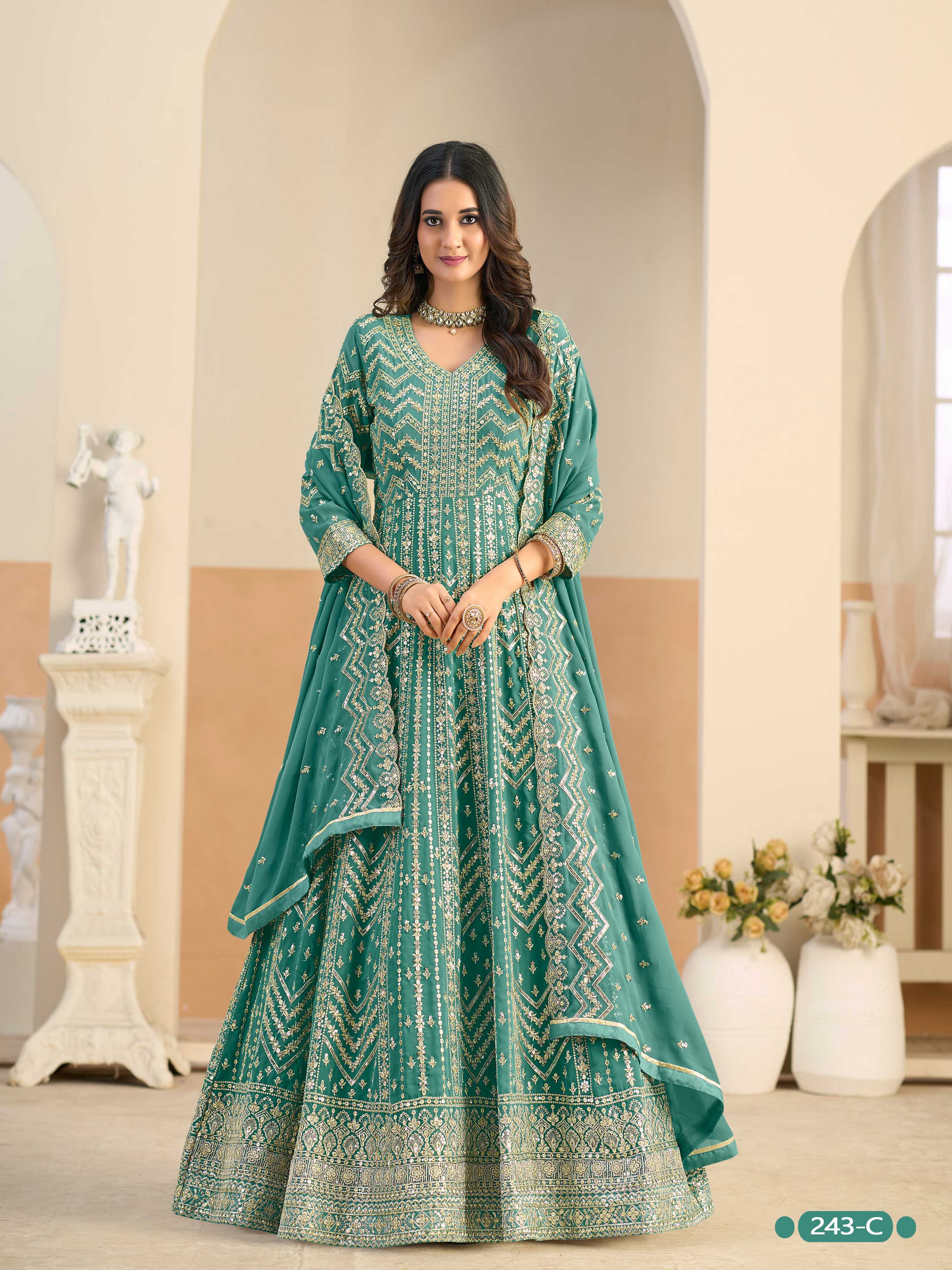 Anaita Turquoise Faux Georgette Anarkali Suit With Embroidery Work - Distacart