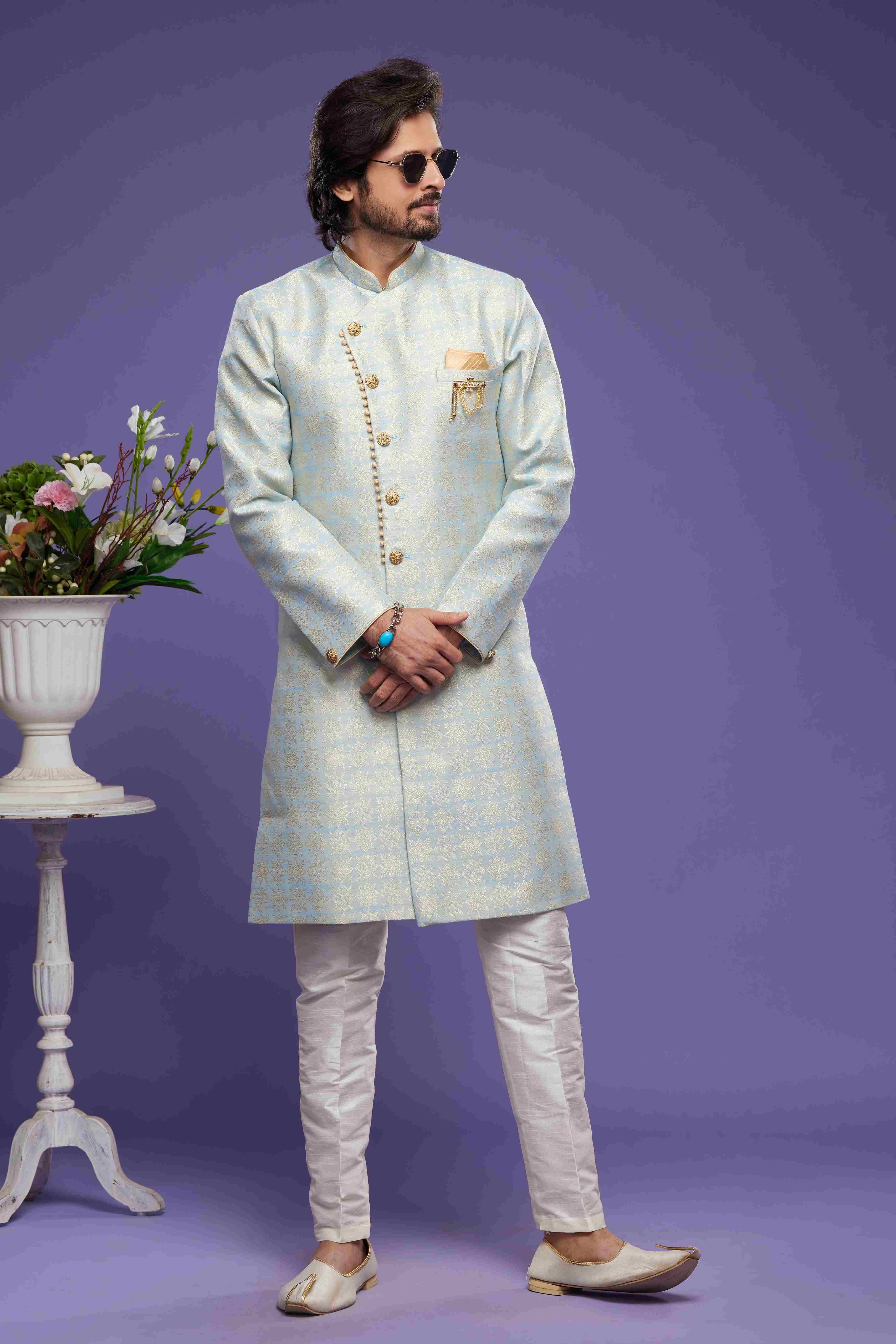 Raivat Ethnic Banarasi Jacquard Embroidery Semi Indo Western Sherwani In Sky Blue Colour