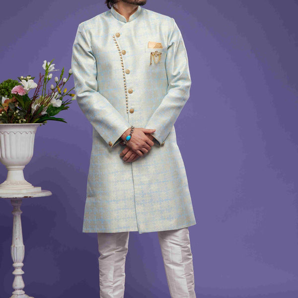 Raivat Ethnic Banarasi Jacquard Embroidery Semi Indo Western Sherwani In Sky Blue Colour