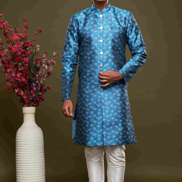 Raivat Ethnic Banarasi Jacquard Embroidery Semi Indo Western Sherwani In Blue Colour