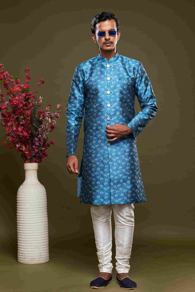 Raivat Ethnic Banarasi Jacquard Embroidery Semi Indo Western Sherwani In Blue Colour