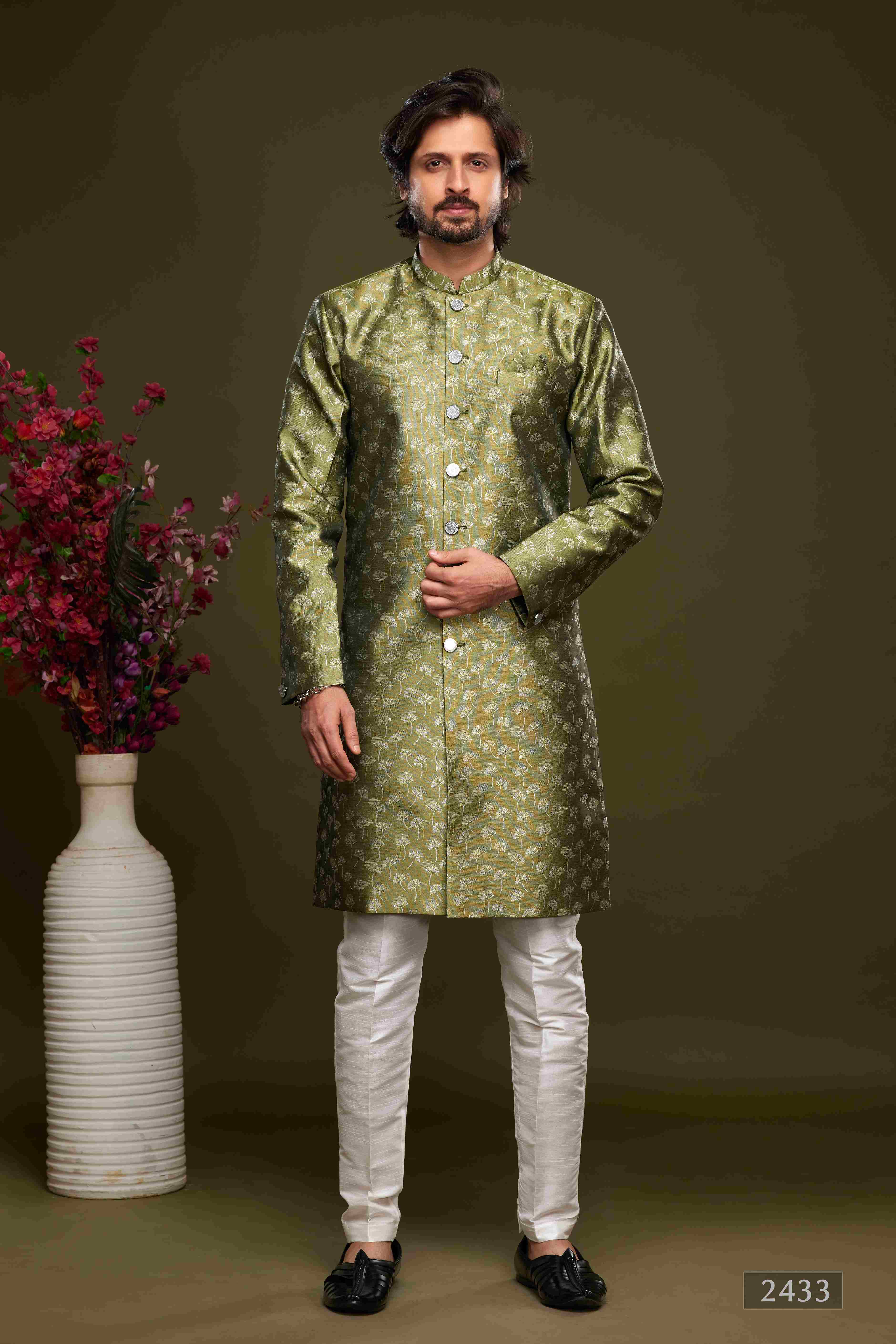 Raivat Ethnic Banarasi Jacquard Embroidery Semi Indo Western Sherwani In Green Colour