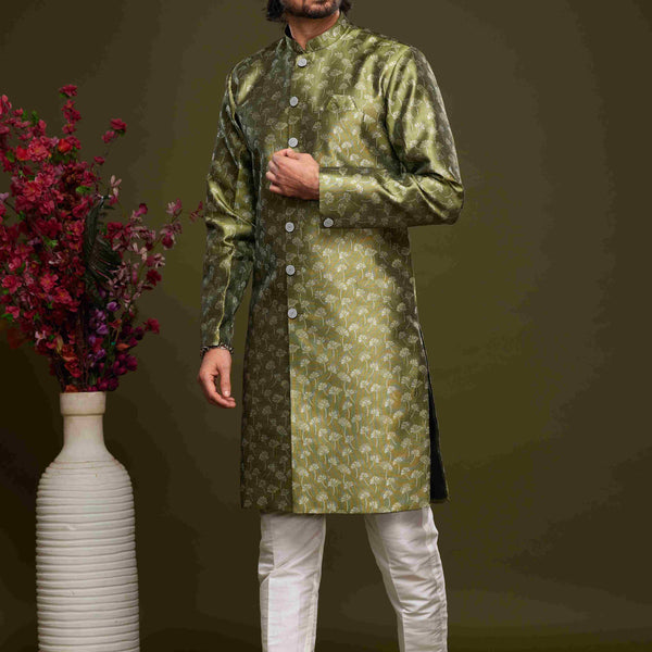 Raivat Ethnic Banarasi Jacquard Embroidery Semi Indo Western Sherwani In Green Colour