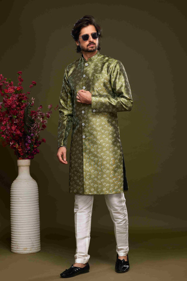 Raivat Ethnic Banarasi Jacquard Embroidery Semi Indo Western Sherwani In Green Colour