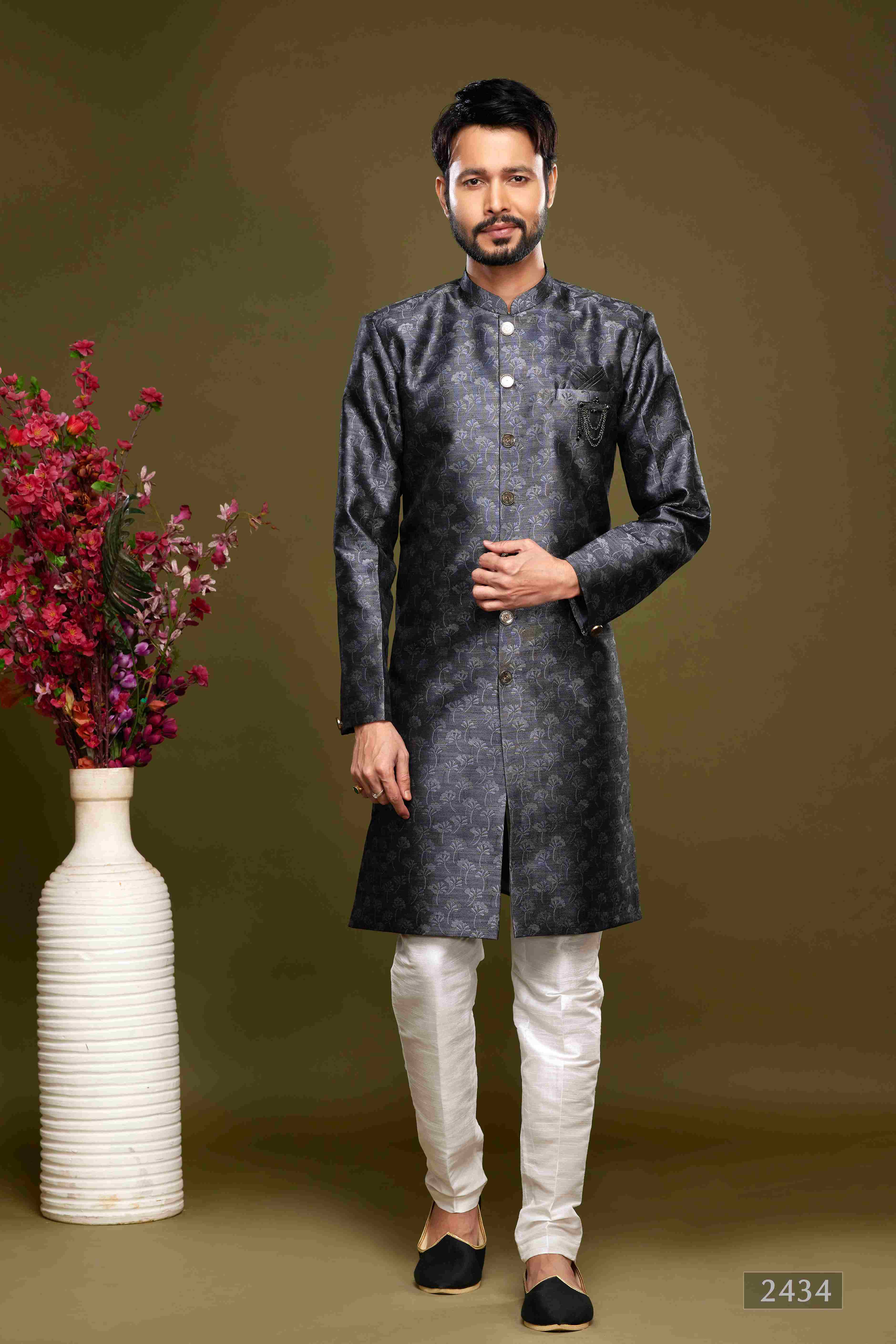 Raivat Ethnic Banarasi Jacquard Embroidery Semi Indo Western Sherwani In Black Colour