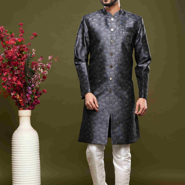 Raivat Ethnic Banarasi Jacquard Embroidery Semi Indo Western Sherwani In Black Colour
