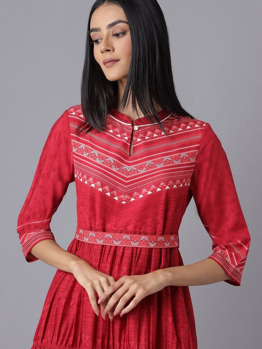 AURELIA Red Ethnic Motifs Tiered Midi Dress - Distacart