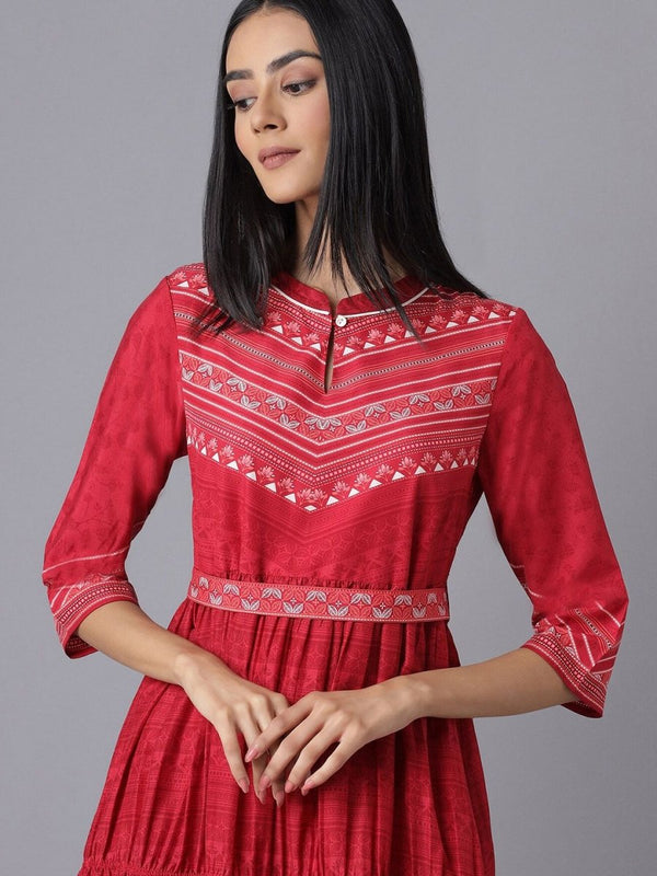 AURELIA Red Ethnic Motifs Tiered Midi Dress