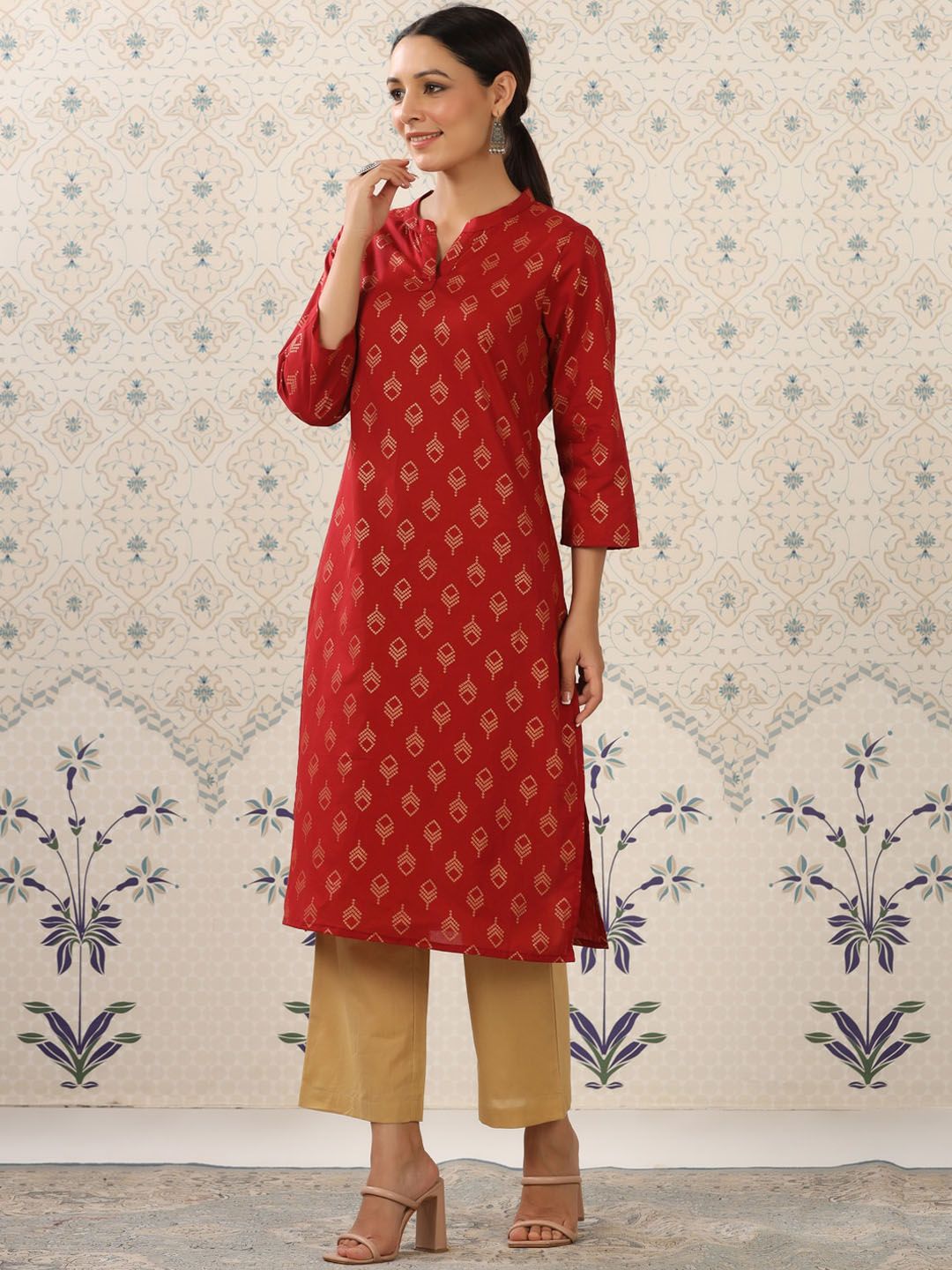 Ode by House of Pataudi Maroon & Beige Printed Pure Cotton Kurta With Palazzos - Distacart