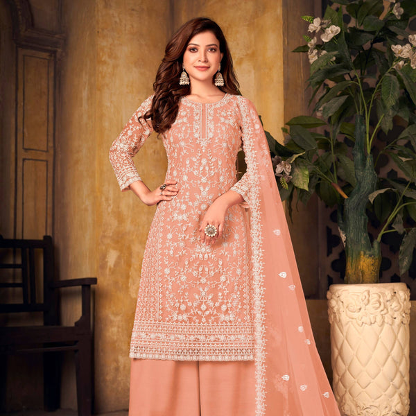Anaita Orange Embroidered Net Plazzo Suit - Distacart