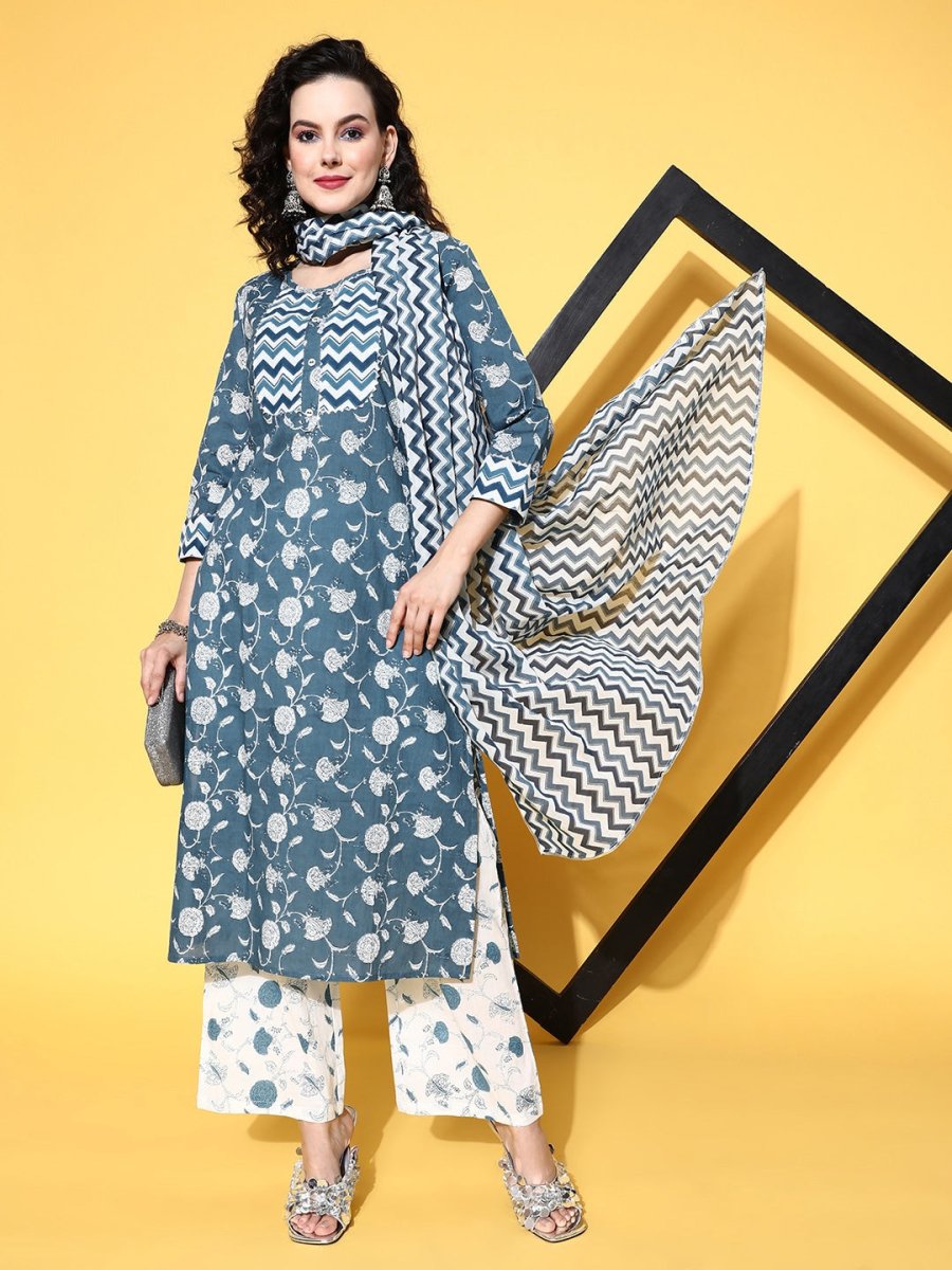 All About You Blue Floral Printed Gotta Patti Pure Cotton Kurta With Trousers & Dupatta - Distacart