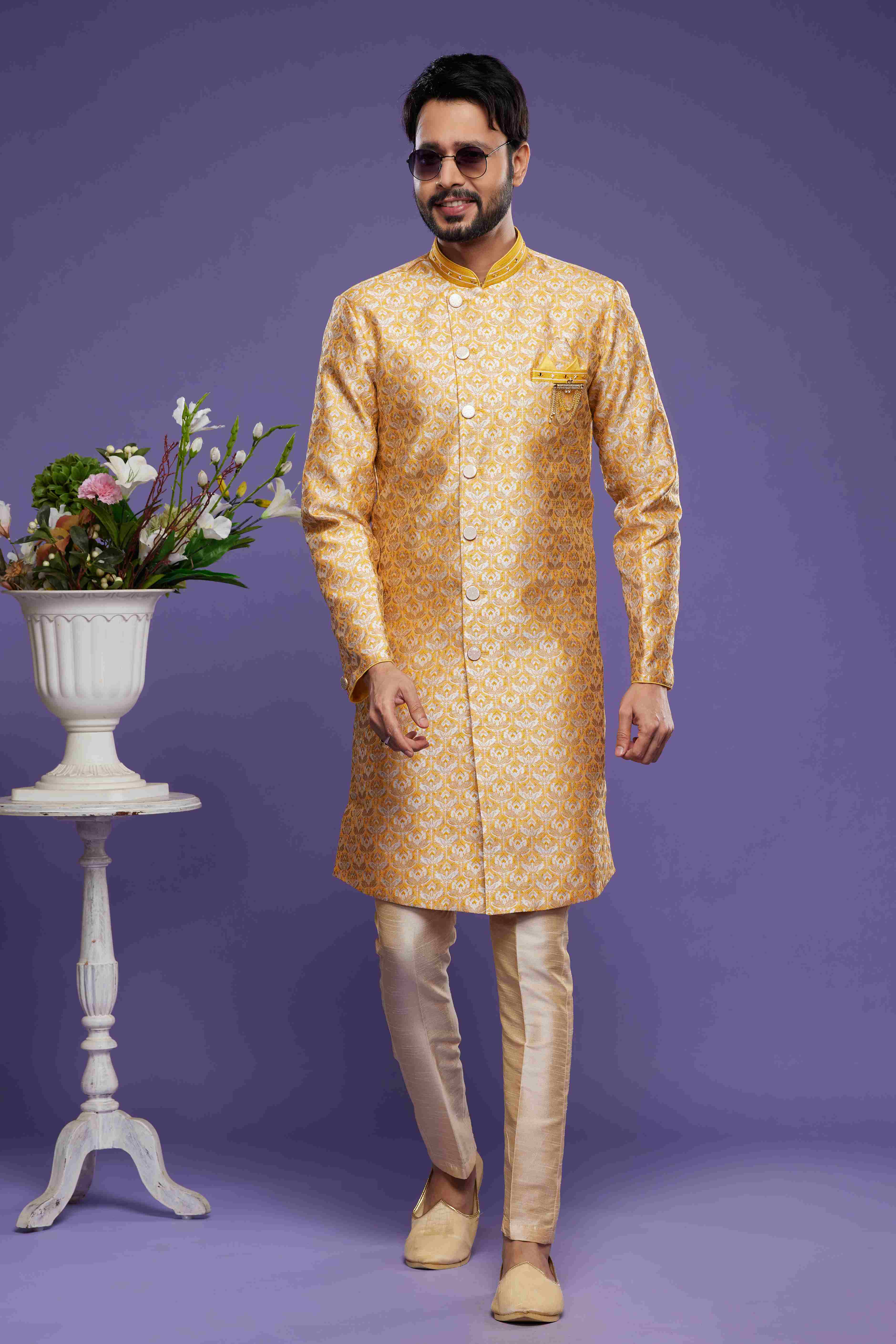 Raivat Ethnic Banarasi Jacquard Embroidery Semi Indo Western Sherwani In Yellow Colour
