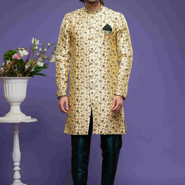 Raivat Ethnic Banarasi Jacquard Embroidery Semi Indo Western Sherwani In Gold Colour
