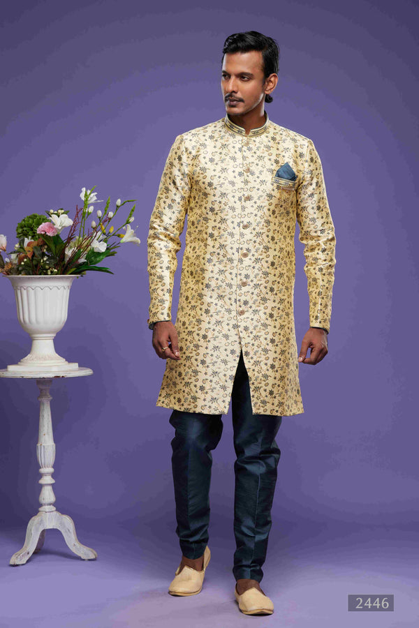 Raivat Ethnic Banarasi Jacquard Embroidery Semi Indo Western Sherwani In Gold Colour