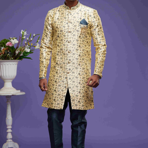Raivat Ethnic Banarasi Jacquard Embroidery Semi Indo Western Sherwani In Gold Colour