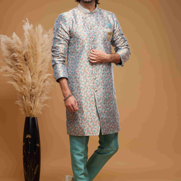 Raivat Ethnic Banarasi Jacquard Embroidery Semi Indo Western Sherwani In Grey Colour