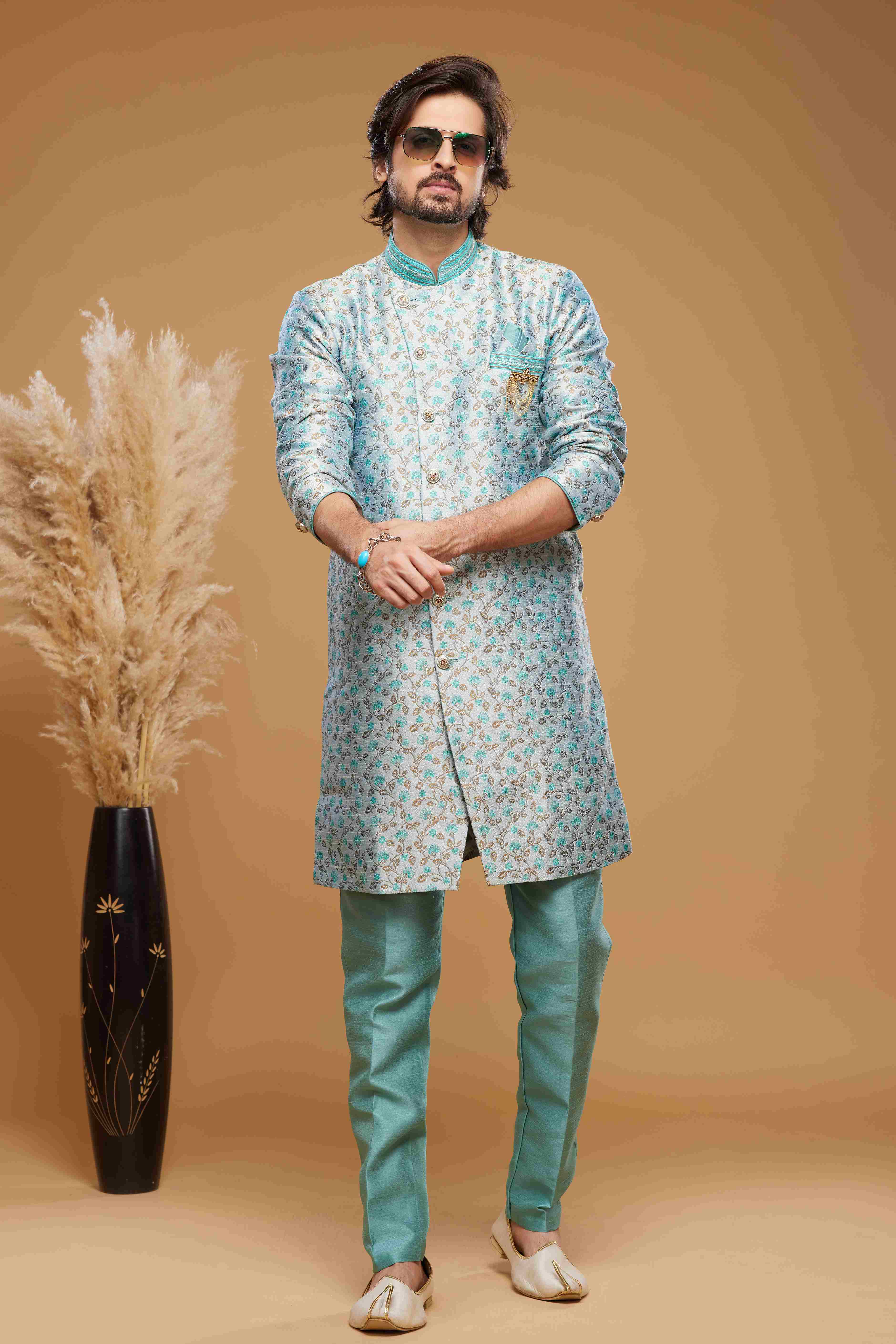 Raivat Ethnic Banarasi Jacquard Embroidery Semi Indo Western Sherwani In Sky Blue Colour