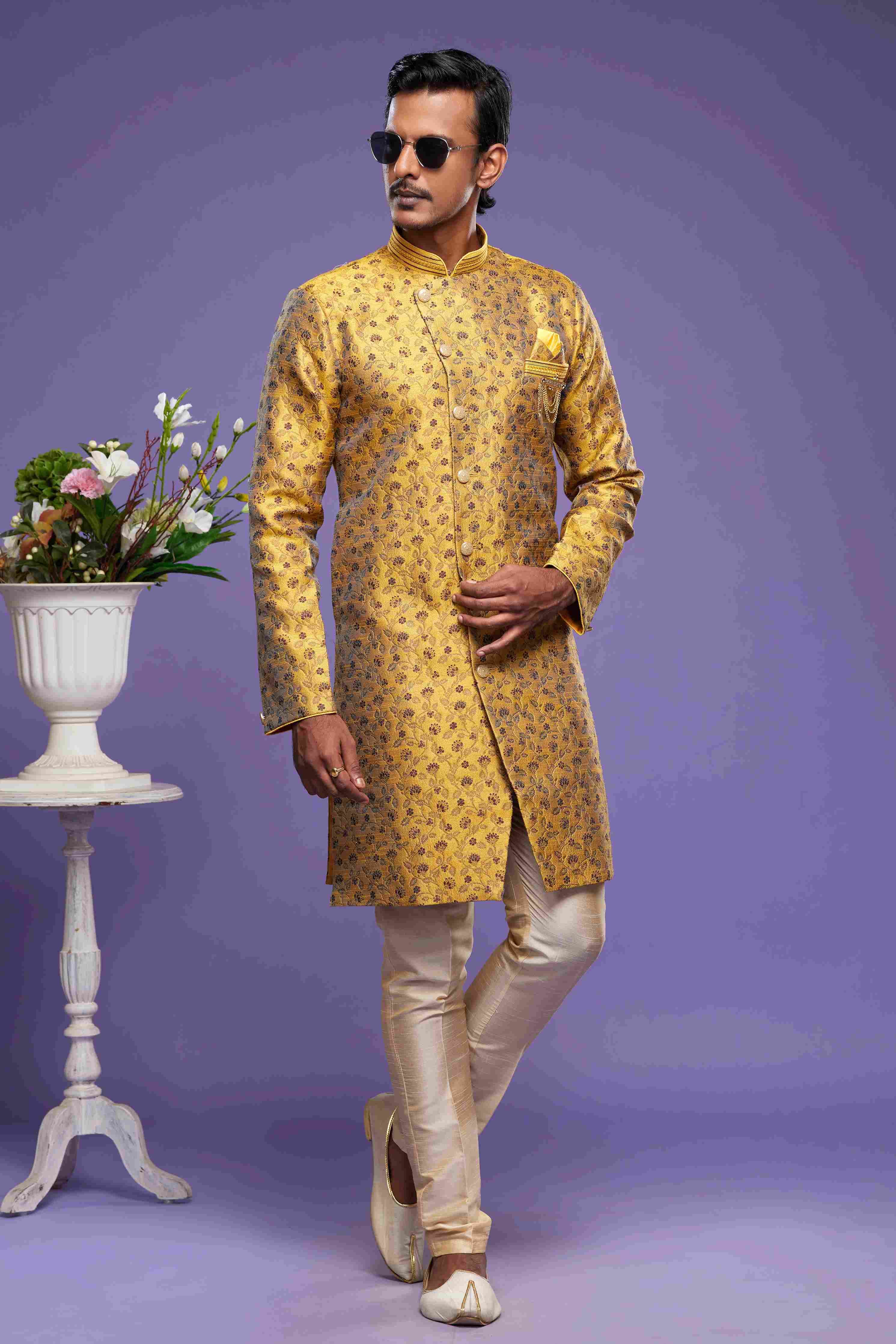 Raivat Ethnic Banarasi Jacquard Embroidery Semi Indo Western Sherwani In Gold Colour