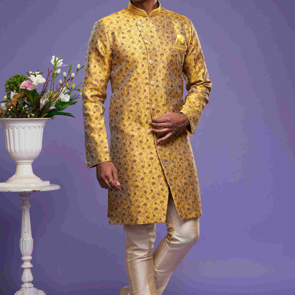 Raivat Ethnic Banarasi Jacquard Embroidery Semi Indo Western Sherwani In Gold Colour