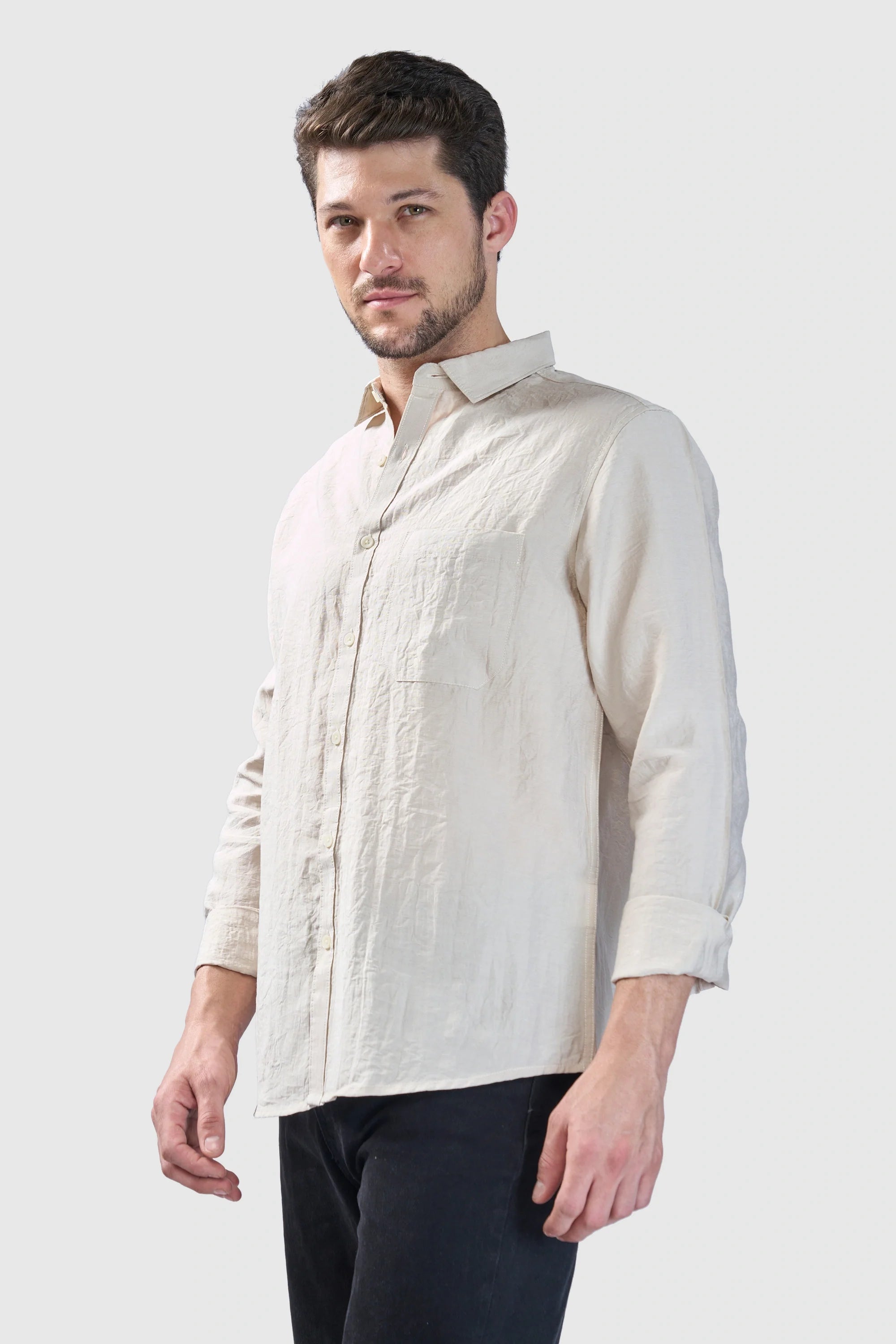 Xkind Beige Crush Wrinkled Look Regular Fit Shirt