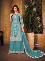 Thumbnail for Anaita Teal Embroidered Net Plazzo Suit - Distacart
