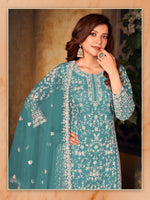Thumbnail for Anaita Teal Embroidered Net Plazzo Suit - Distacart
