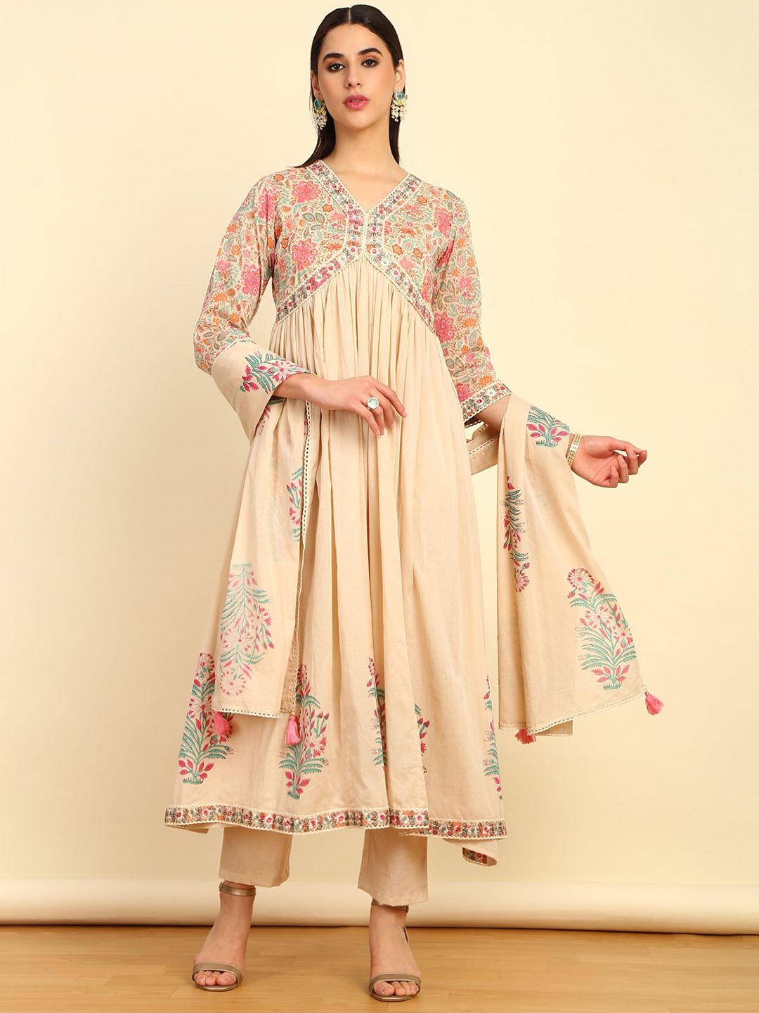 Soch Floral Printed Empire Sequinned Pure Cotton Kurta with Trouser & Dupatta - Distacart
