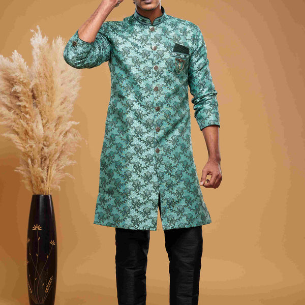Raivat Ethnic Banarasi Jacquard Embroidery Semi Indo Western Sherwani In Green Colour