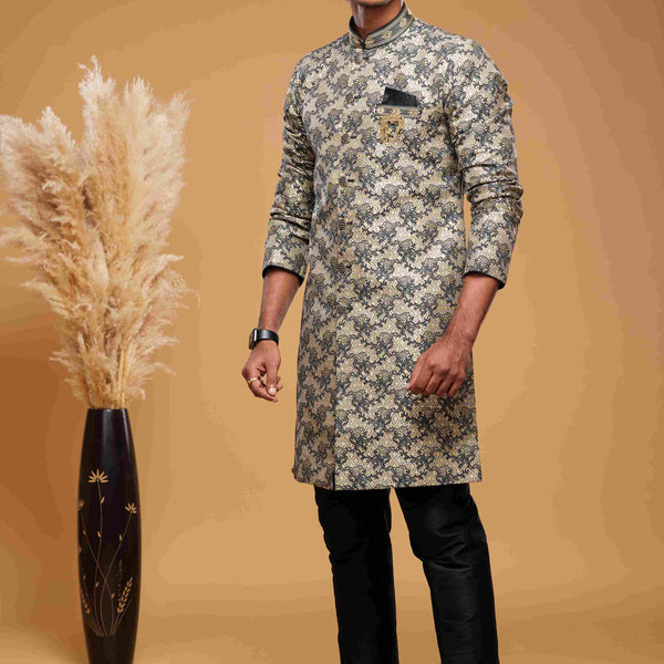 Raivat Ethnic Banarasi Jacquard Embroidery Semi Indo Western Sherwani In Beige Black Colour - Distacart