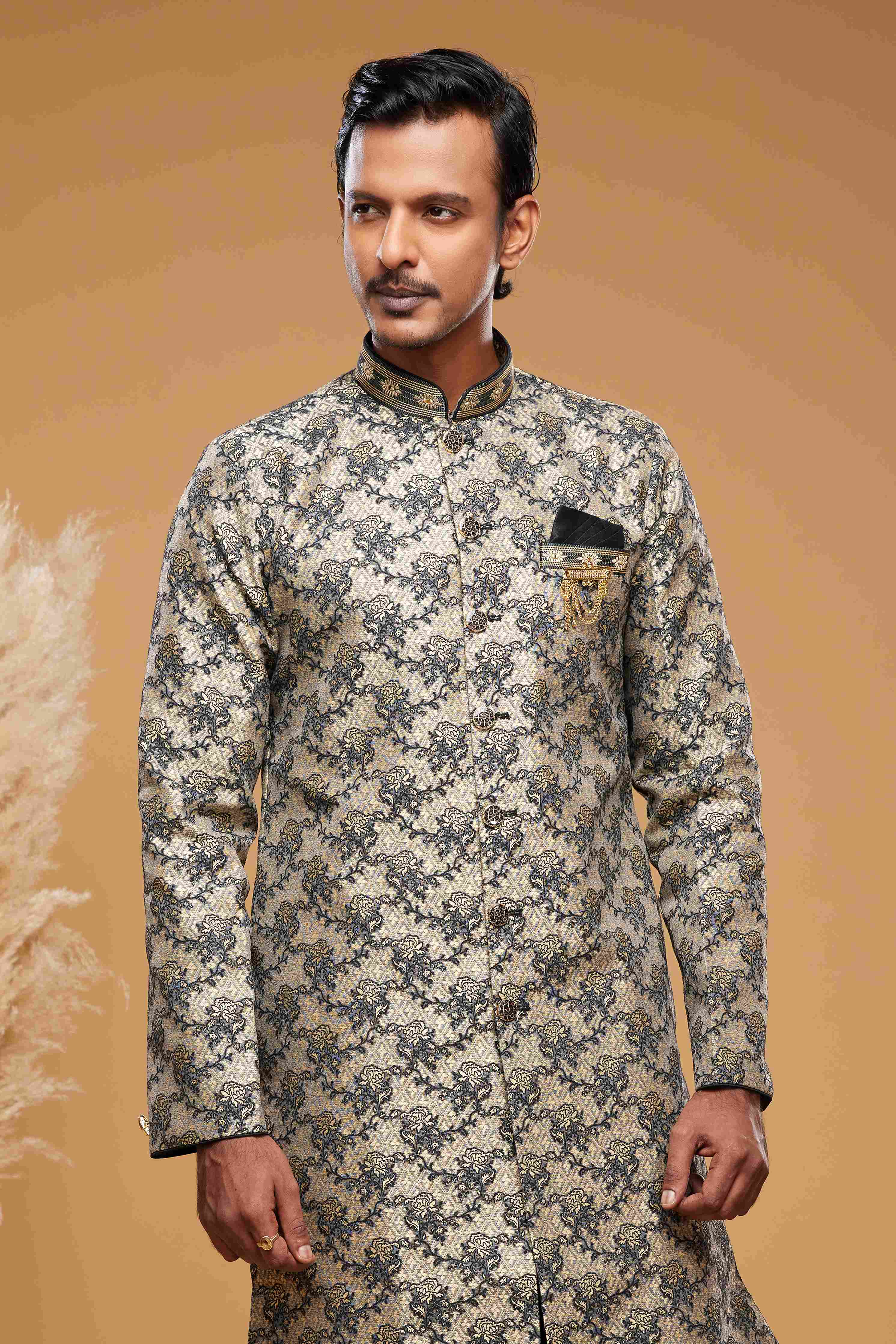 Raivat Ethnic Banarasi Jacquard Embroidery Semi Indo Western Sherwani In Beige Black Colour