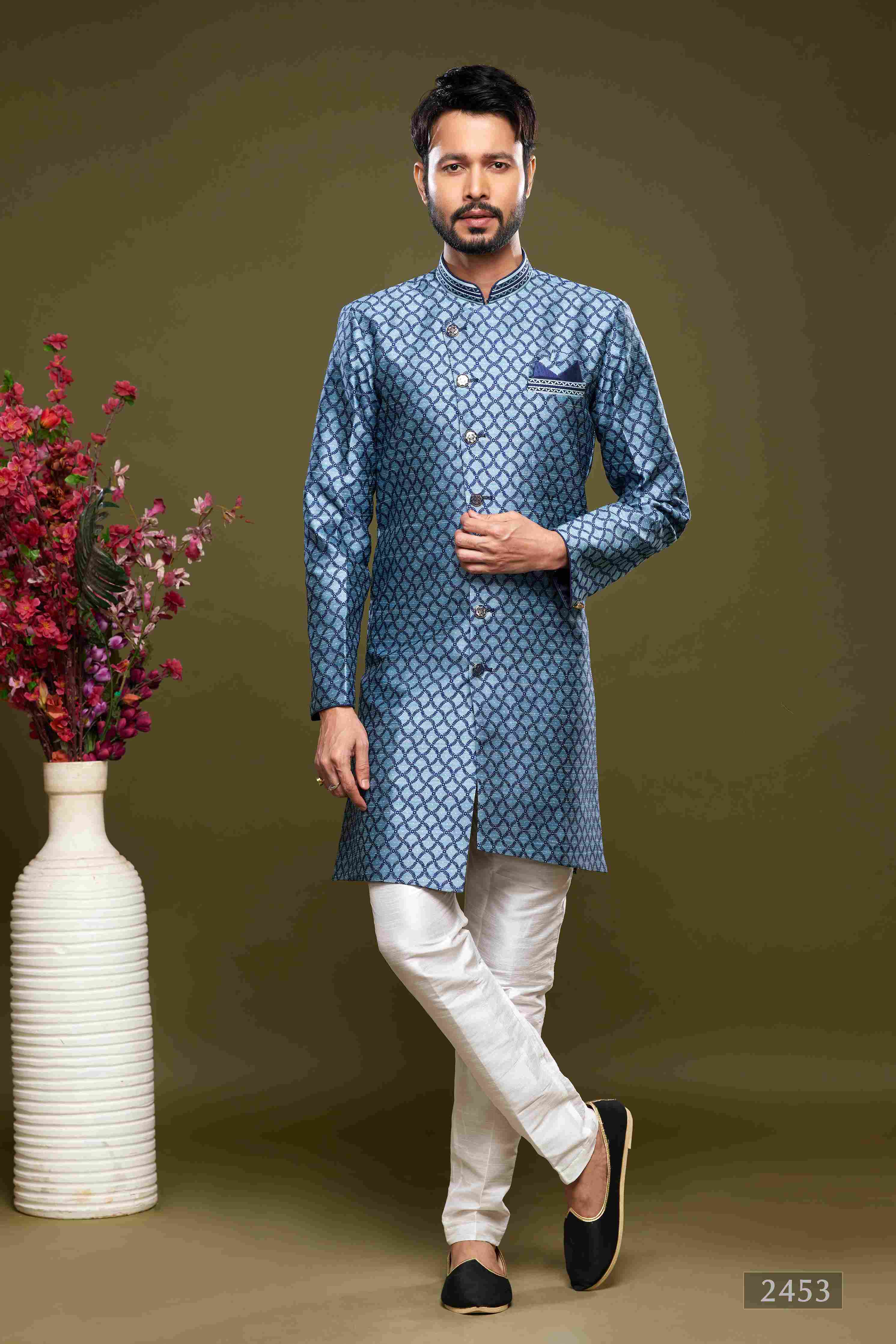 Raivat Ethnic Banarasi Jacquard Embroidery Semi Indo Western Sherwani In Blue Colour