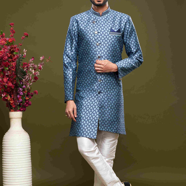 Raivat Ethnic Banarasi Jacquard Embroidery Semi Indo Western Sherwani In Blue Colour - Distacart