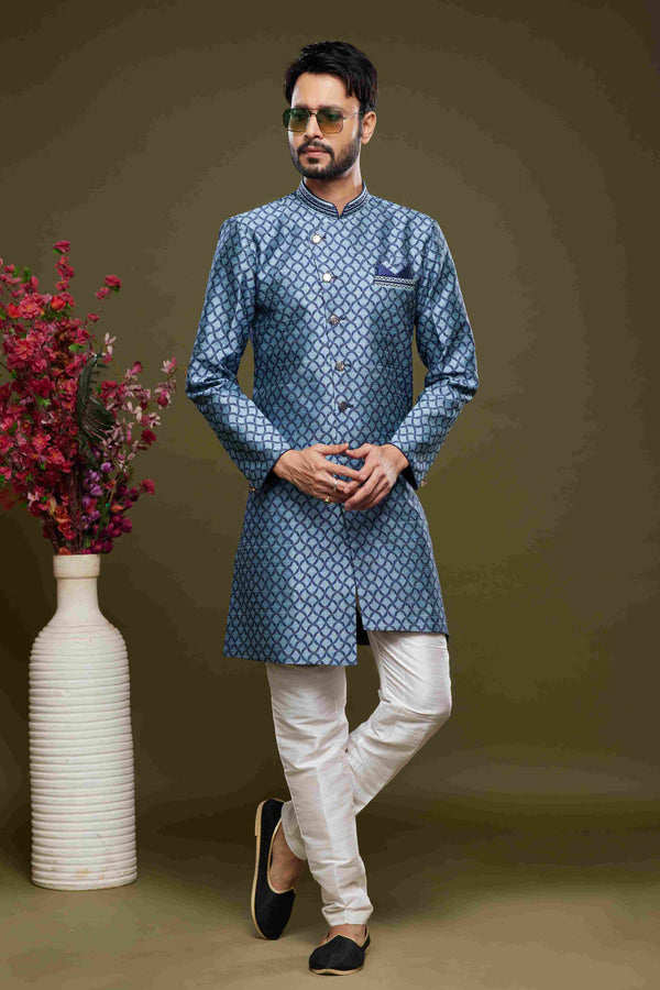 Raivat Ethnic Banarasi Jacquard Embroidery Semi Indo Western Sherwani In Blue Colour