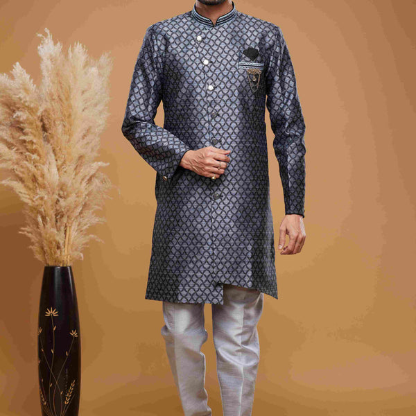 Raivat Ethnic Banarasi Jacquard Embroidery Semi Indo Western Sherwani In Blue Colour